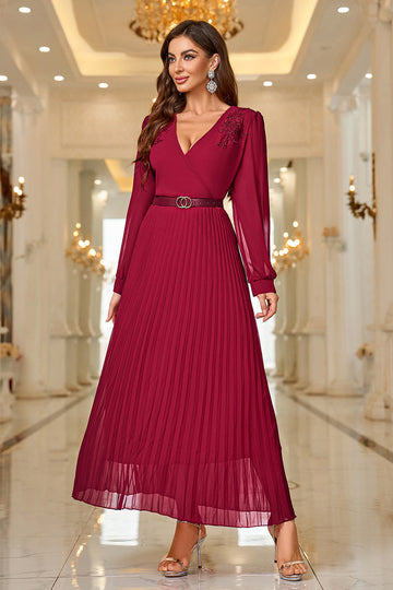 Burgundy A-Line Belted Formal Dress with Long Sleeves